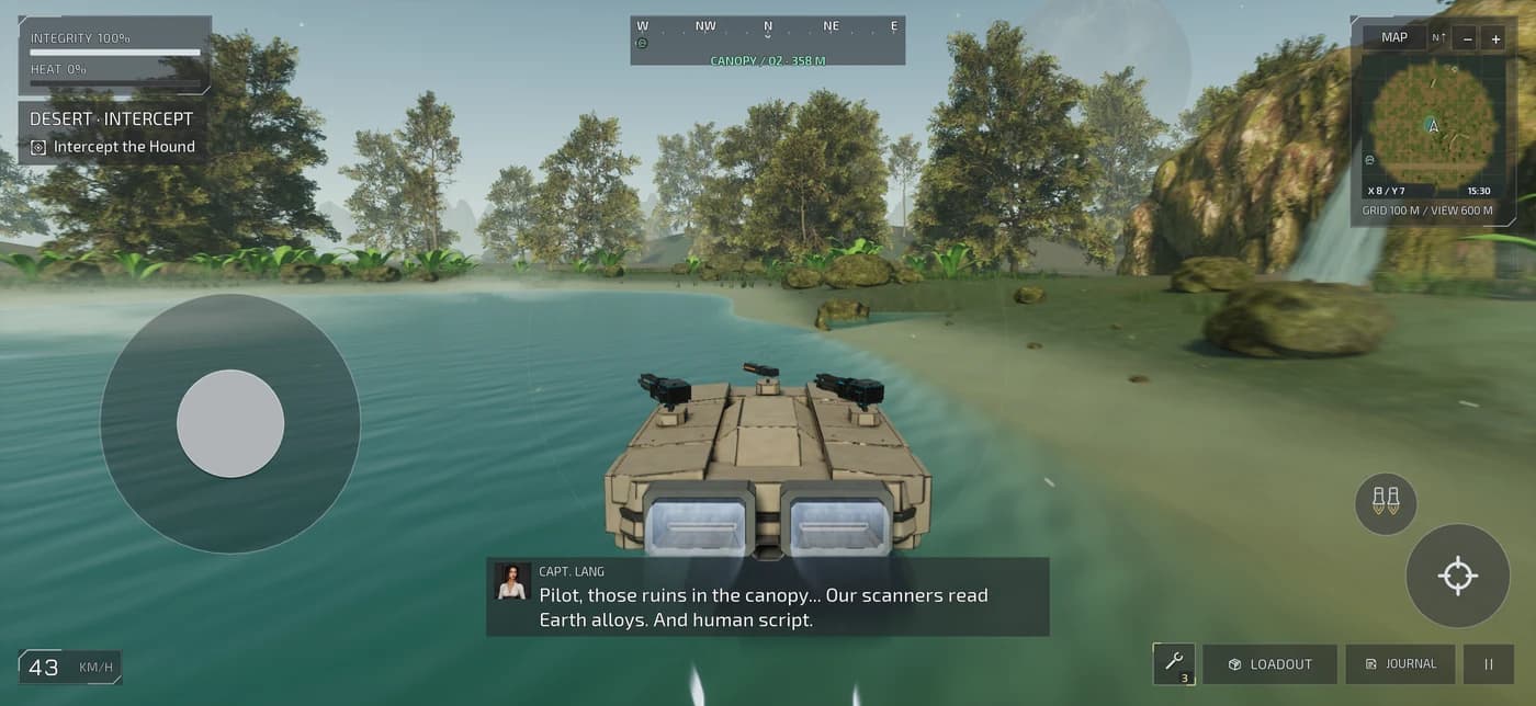 The Bison glider crossing a jungle lake with touch controls