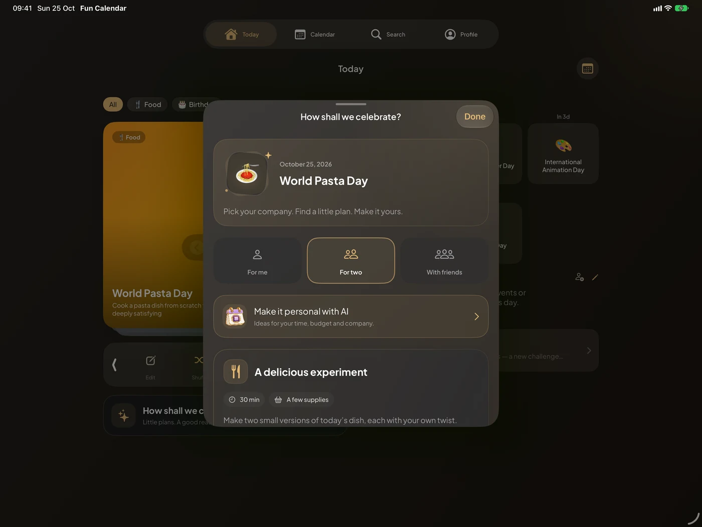 Celebration ideas and the AI planner entry in the iPad layout