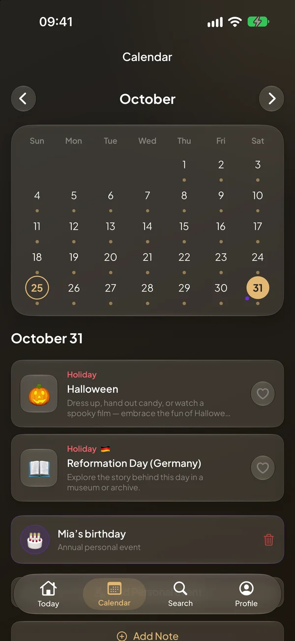 October calendar with holidays and a personal birthday