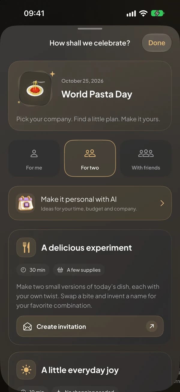Celebration ideas for two, with the Make it personal with AI option