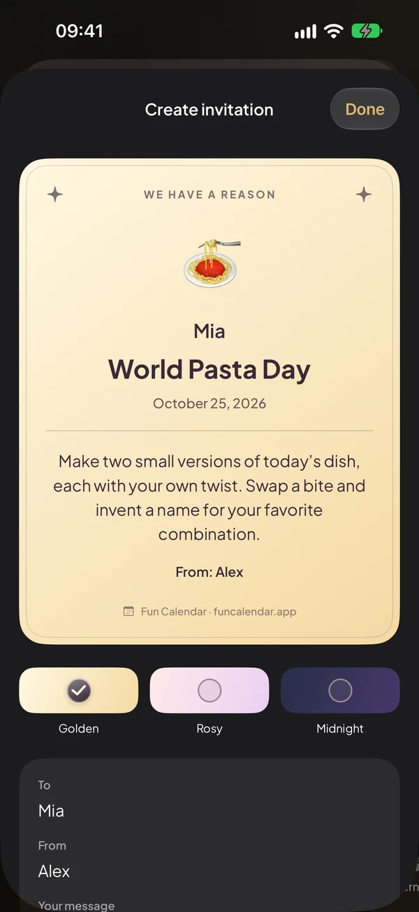 A personal World Pasta Day invitation in the Golden card style